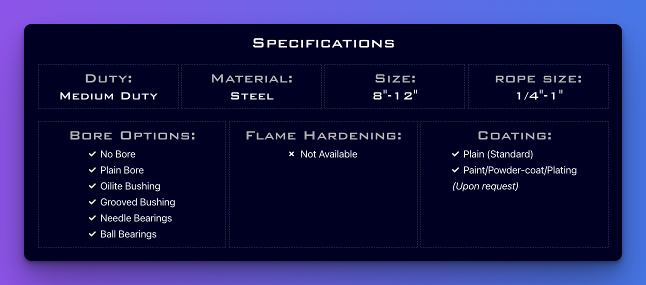 Detailed chart showing specifications for sheaves related to Bear Equipment