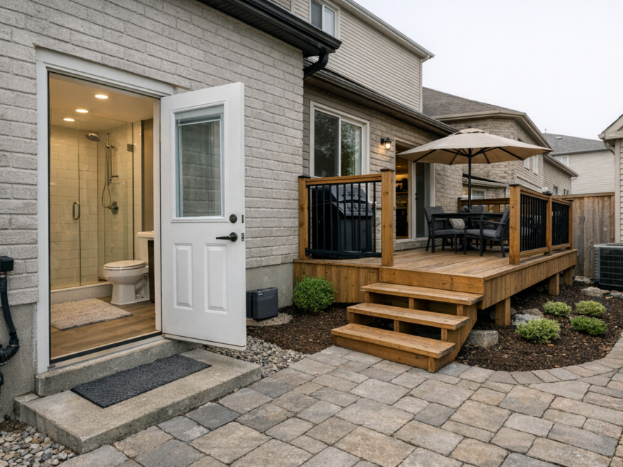 Modern basement featuring newly added bathroom and kitchen areas