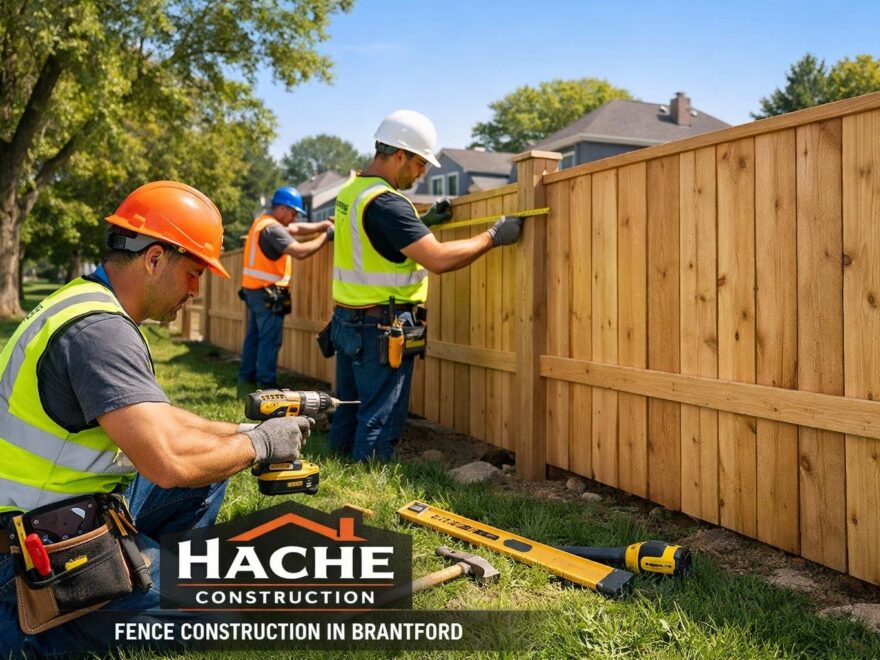Close-up of wooden fence panels being installed outdoors