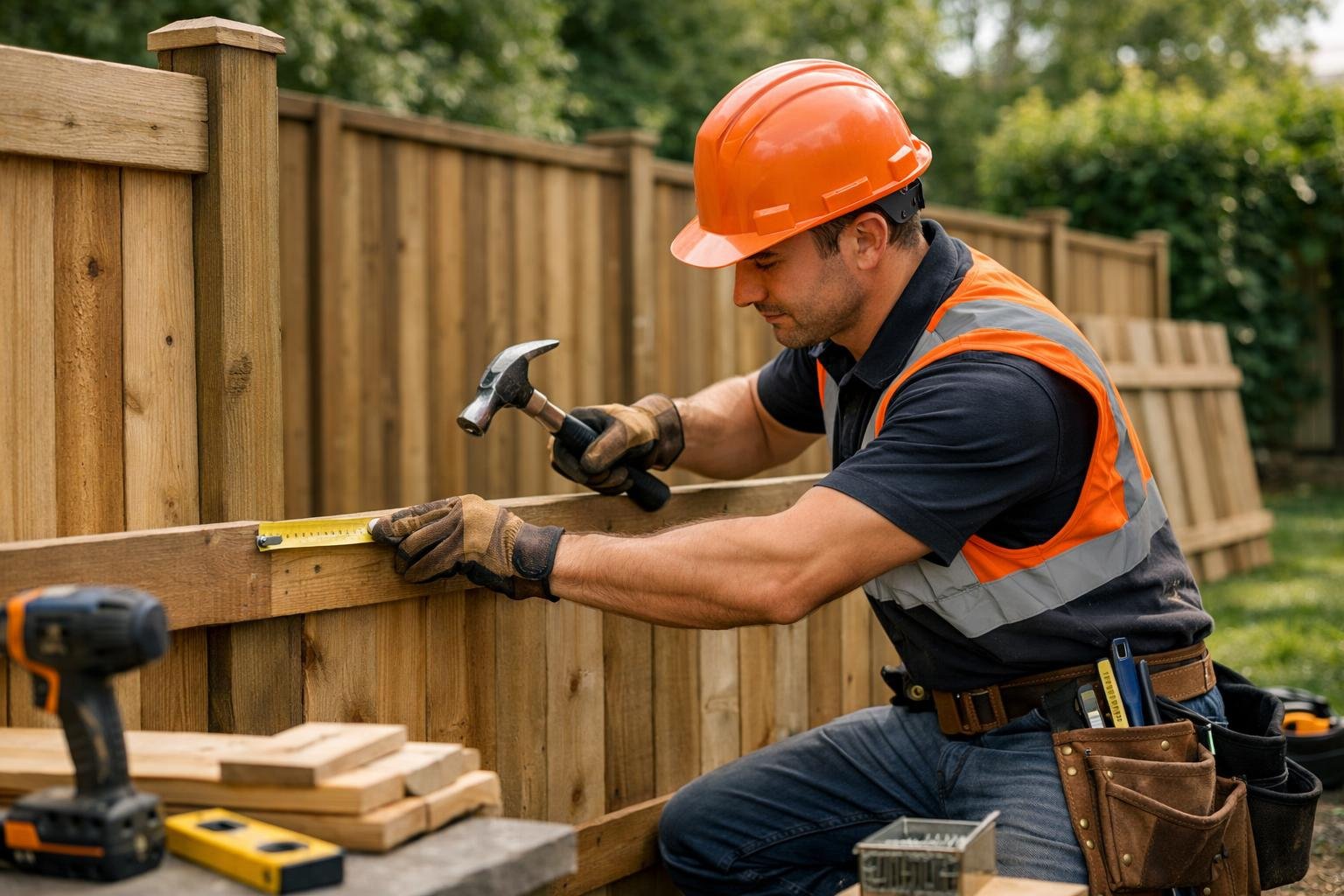 A construction worker building a wooden fence in a residential backyard.