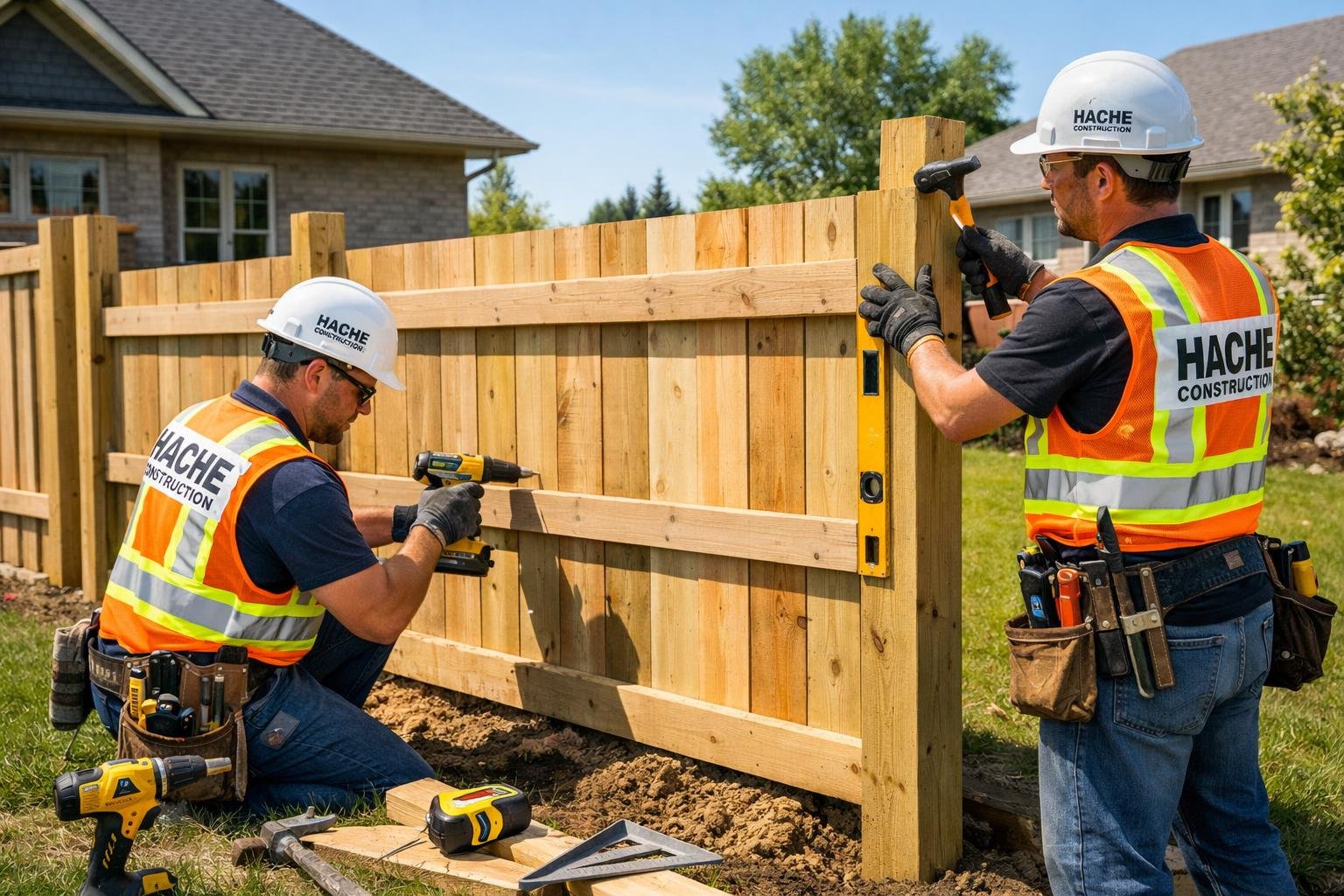 Construction workers installing a wooden fence along a residential property on a sunny day.