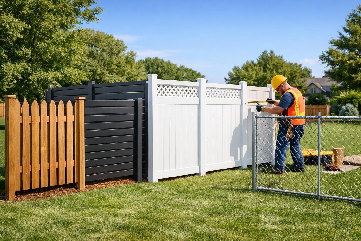 Several different types of fences displayed outdoors with a construction worker installing a fence in the background.