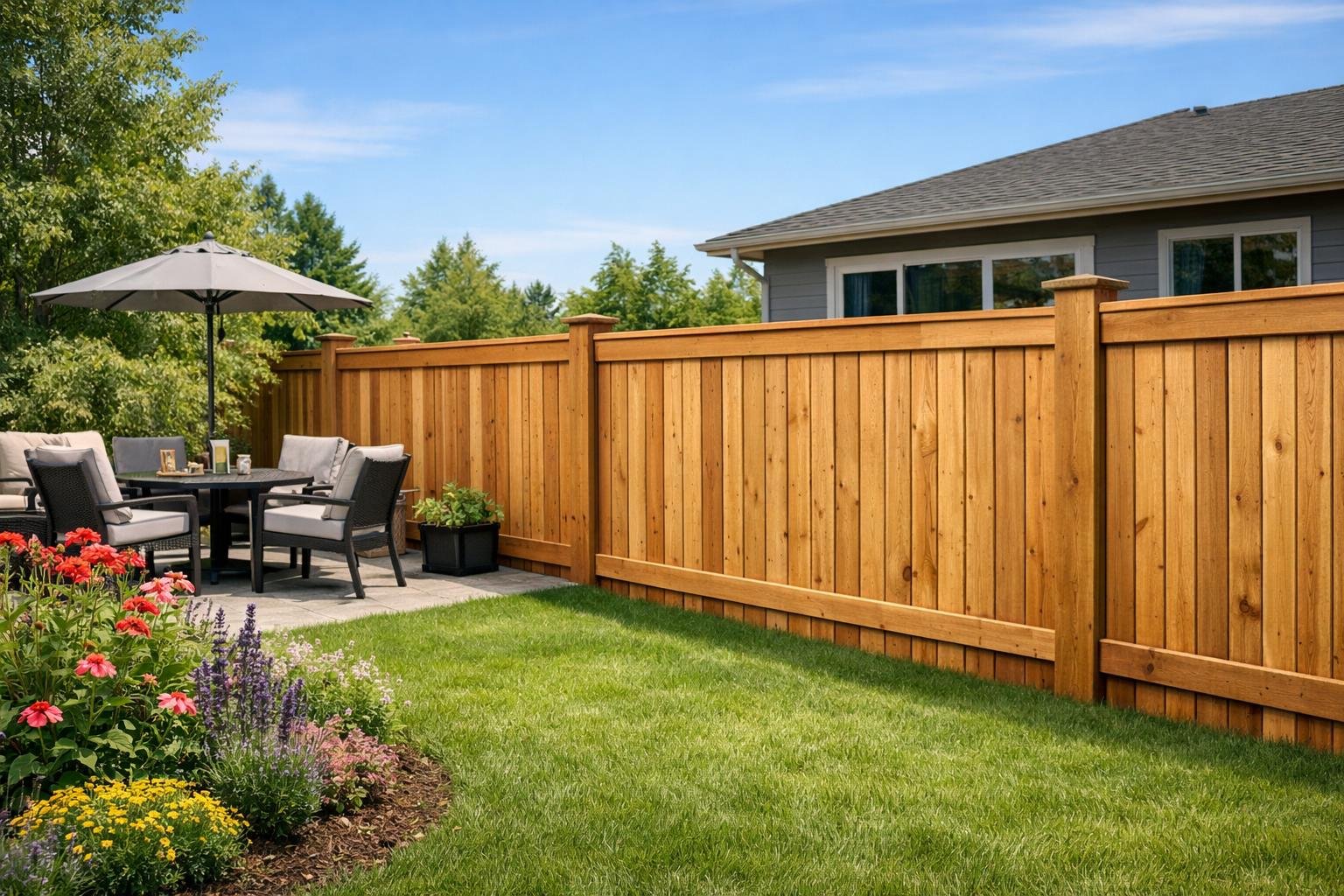 A wooden fence surrounding a backyard with green grass, flowers, outdoor furniture, and a house in the background.