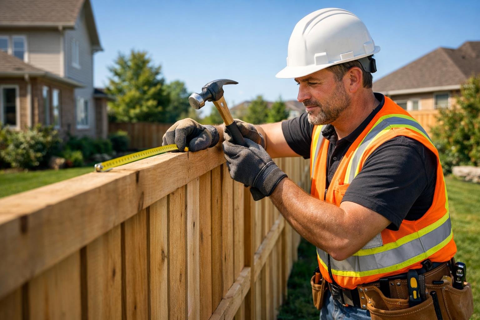 A construction worker installing a wooden fence in a residential backyard with houses and blue sky in the background.