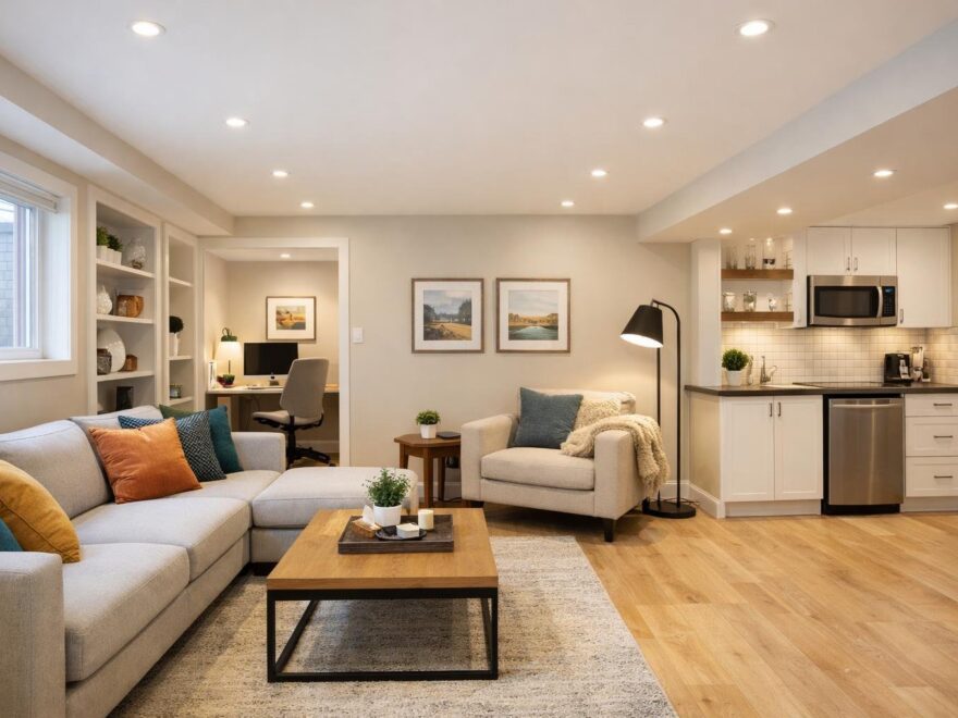 Well-designed basement with modern upgrades and cozy lighting