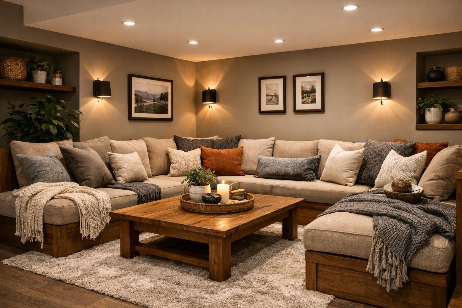 A basement family lounge with built-in seating, warm lighting, cushions, and a coffee table.