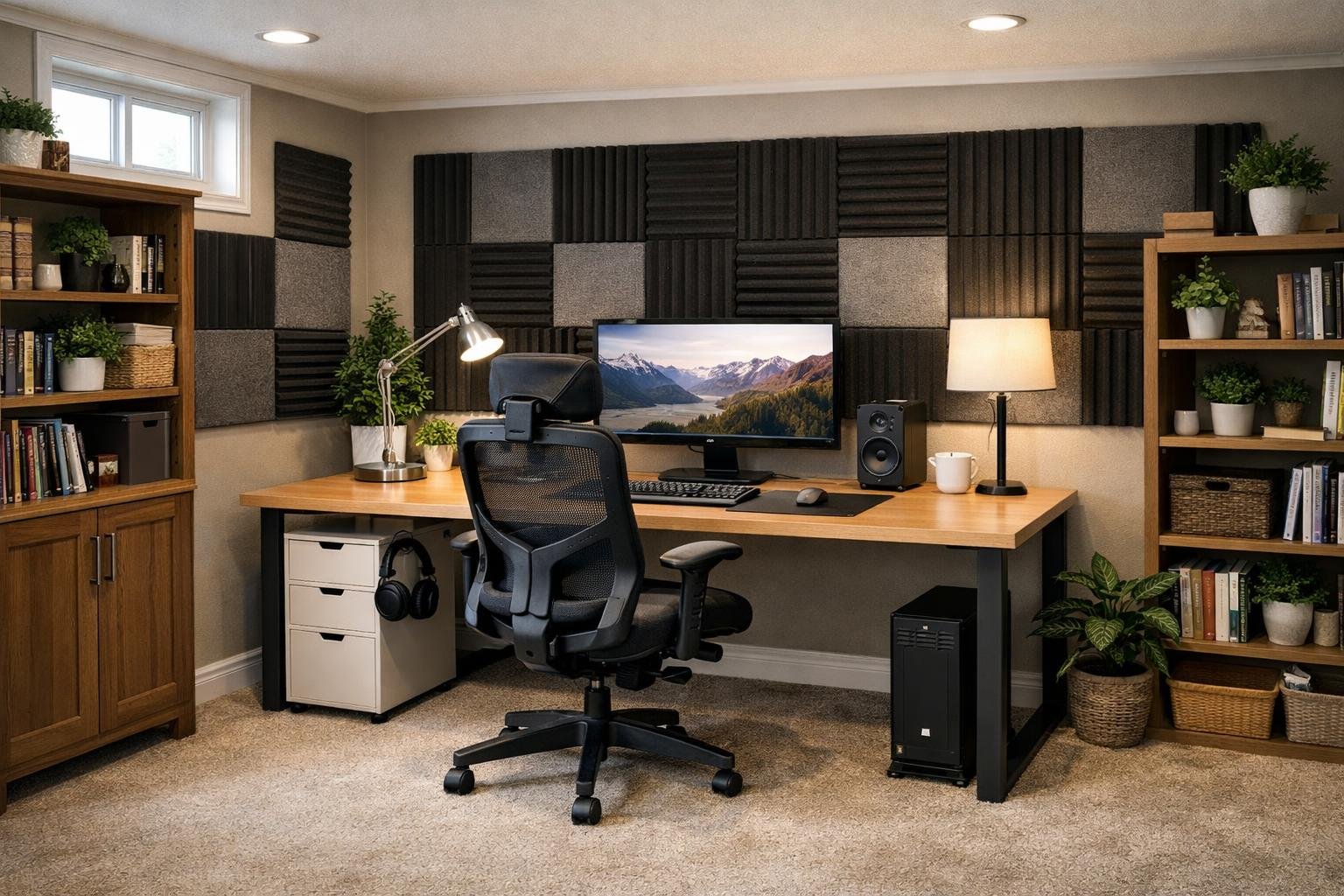A basement home office with soundproofing panels, ergonomic chair, desk with computer, shelves with books and plants, and soft lighting.