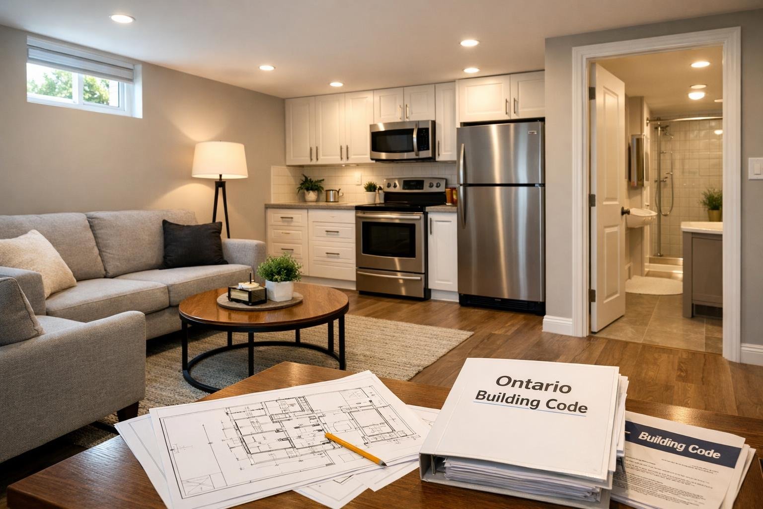 A finished basement with a living area, kitchenette, and bathroom, showing a modern and compliant secondary suite.