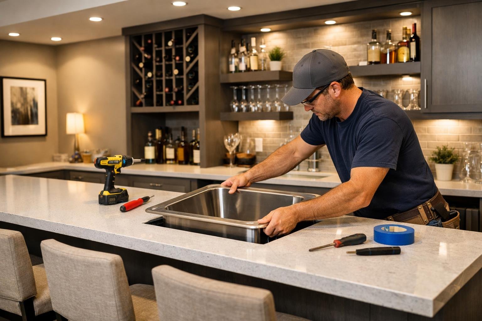 A modern basement wet bar being installed with a worker fitting a sink into the countertop surrounded by bar stools and shelves with glassware.