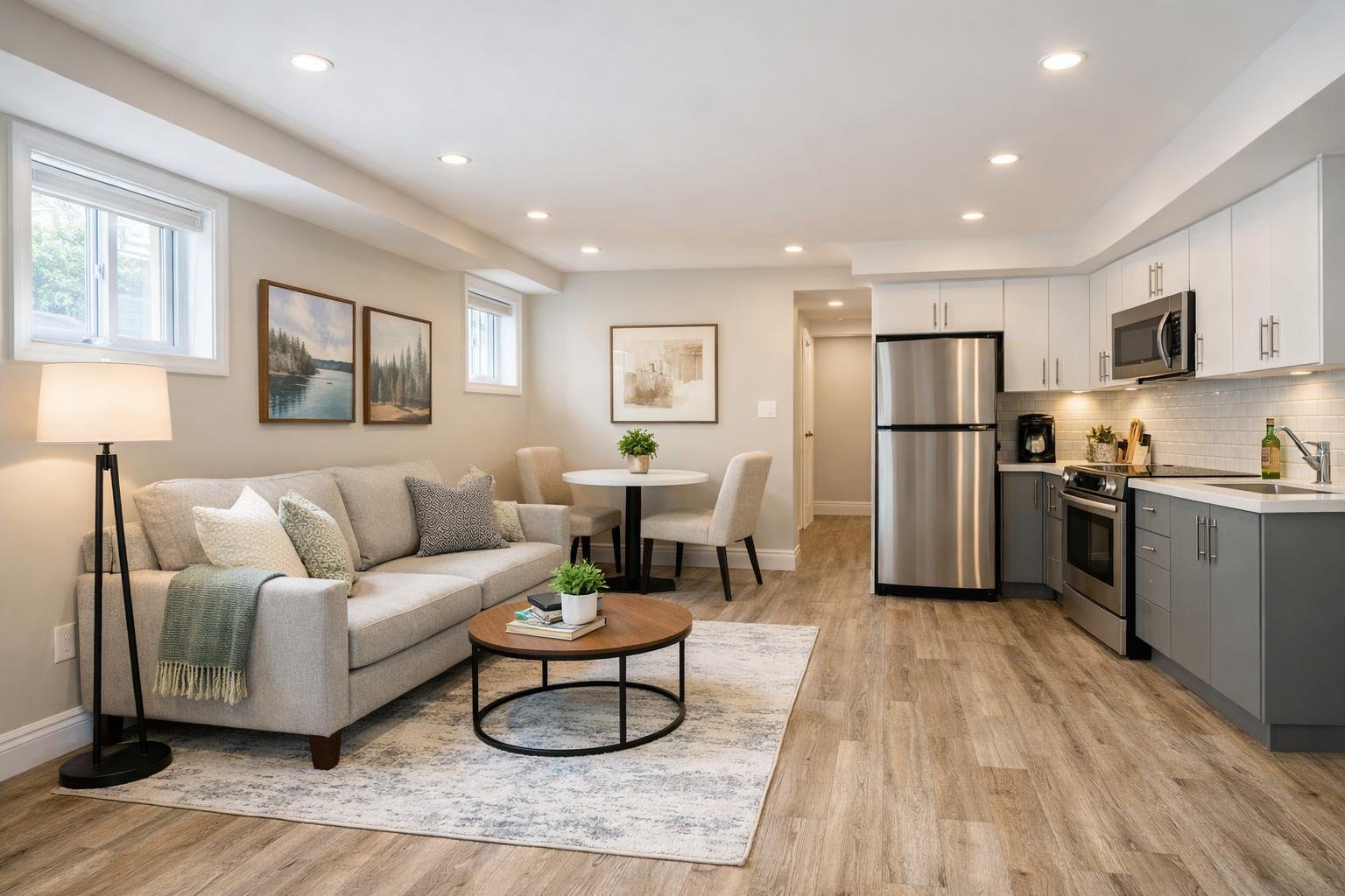 A bright, modern basement living space with a sofa, dining area, kitchenette, and natural lighting.