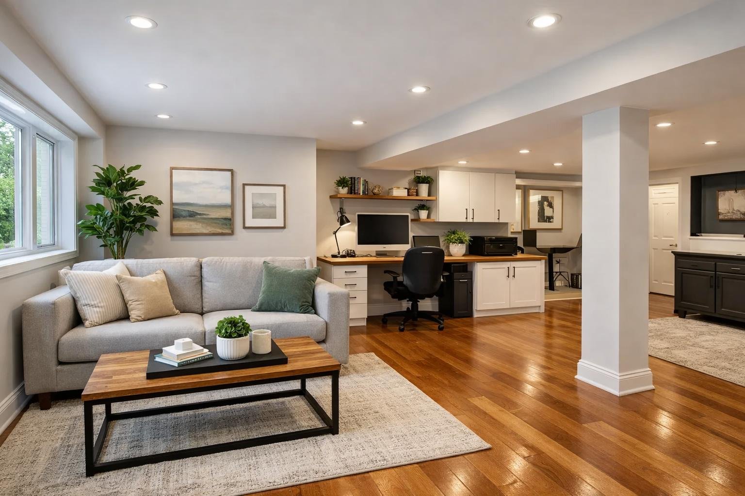 A renovated basement with a seating area, home office, and natural light coming through windows.