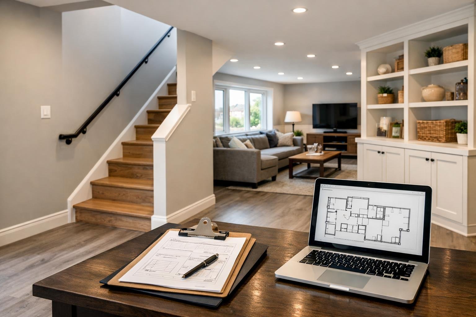 A renovated basement with modern flooring, stairs, windows, built-in shelves, and a table holding paperwork and a laptop.