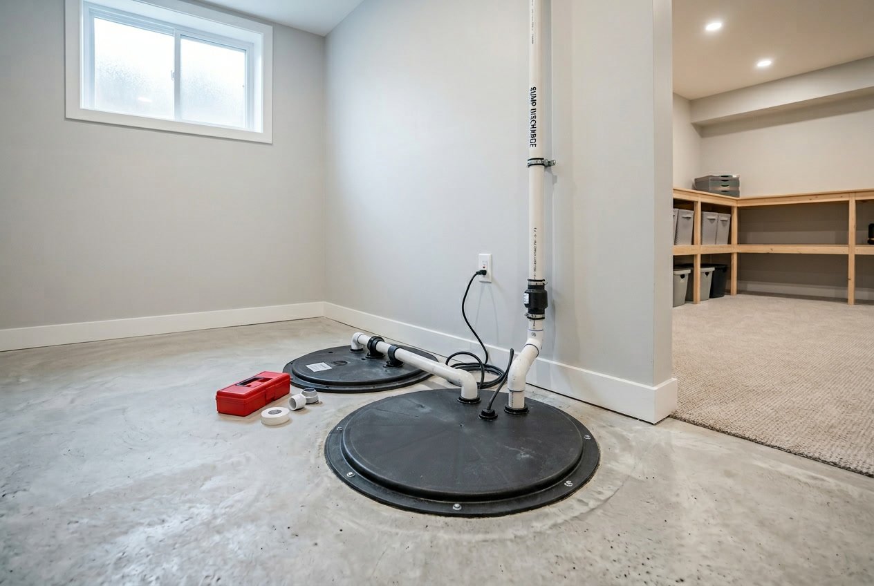 A clean basement with a sump pump installed in a sump pit, actively pumping out water through connected pipes.