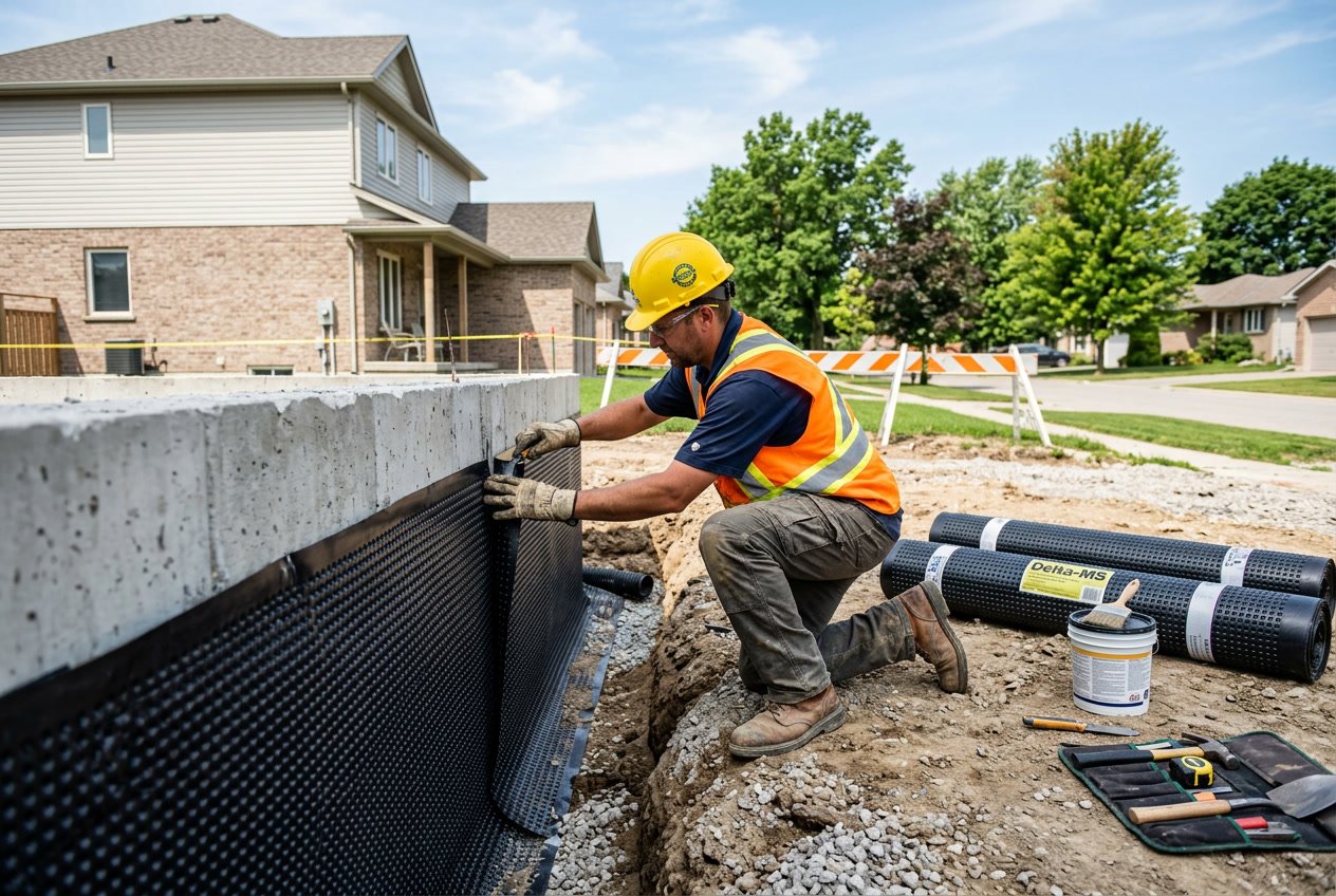 Construction worker applying waterproof membrane to the exterior basement wall of a house in a residential area.