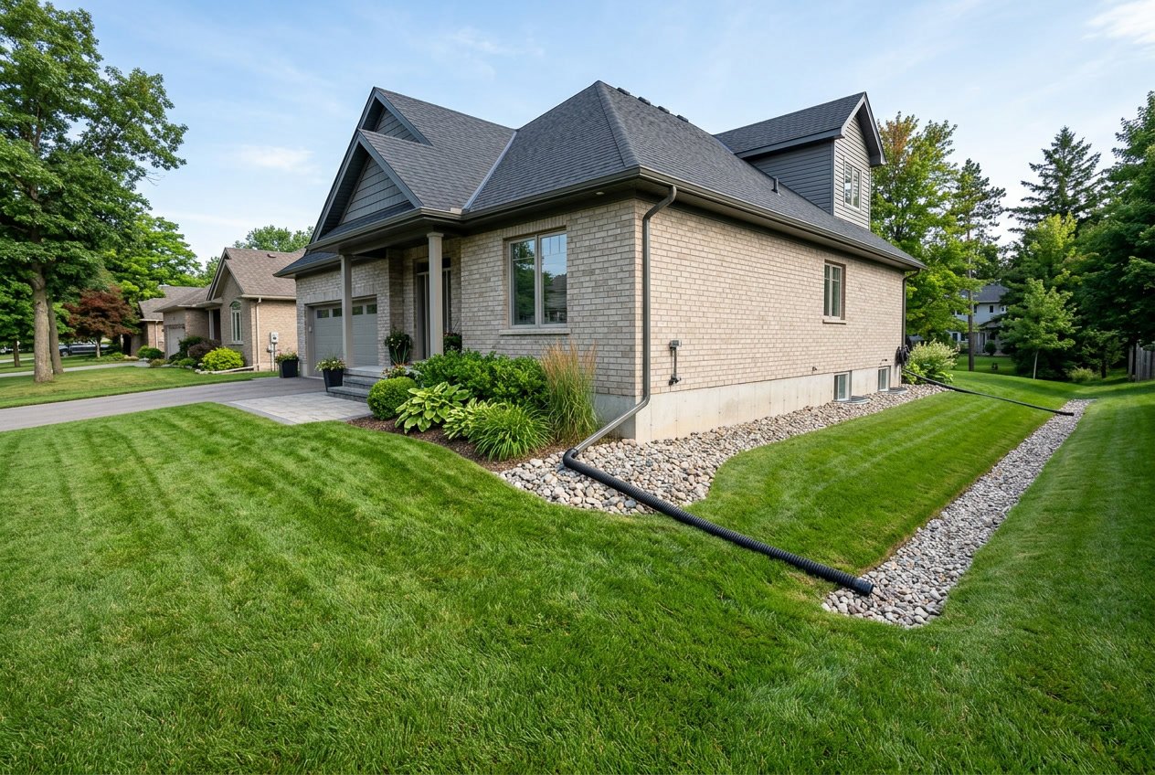 A modern house with a neatly sloped lawn and drainage features directing water away from the foundation.