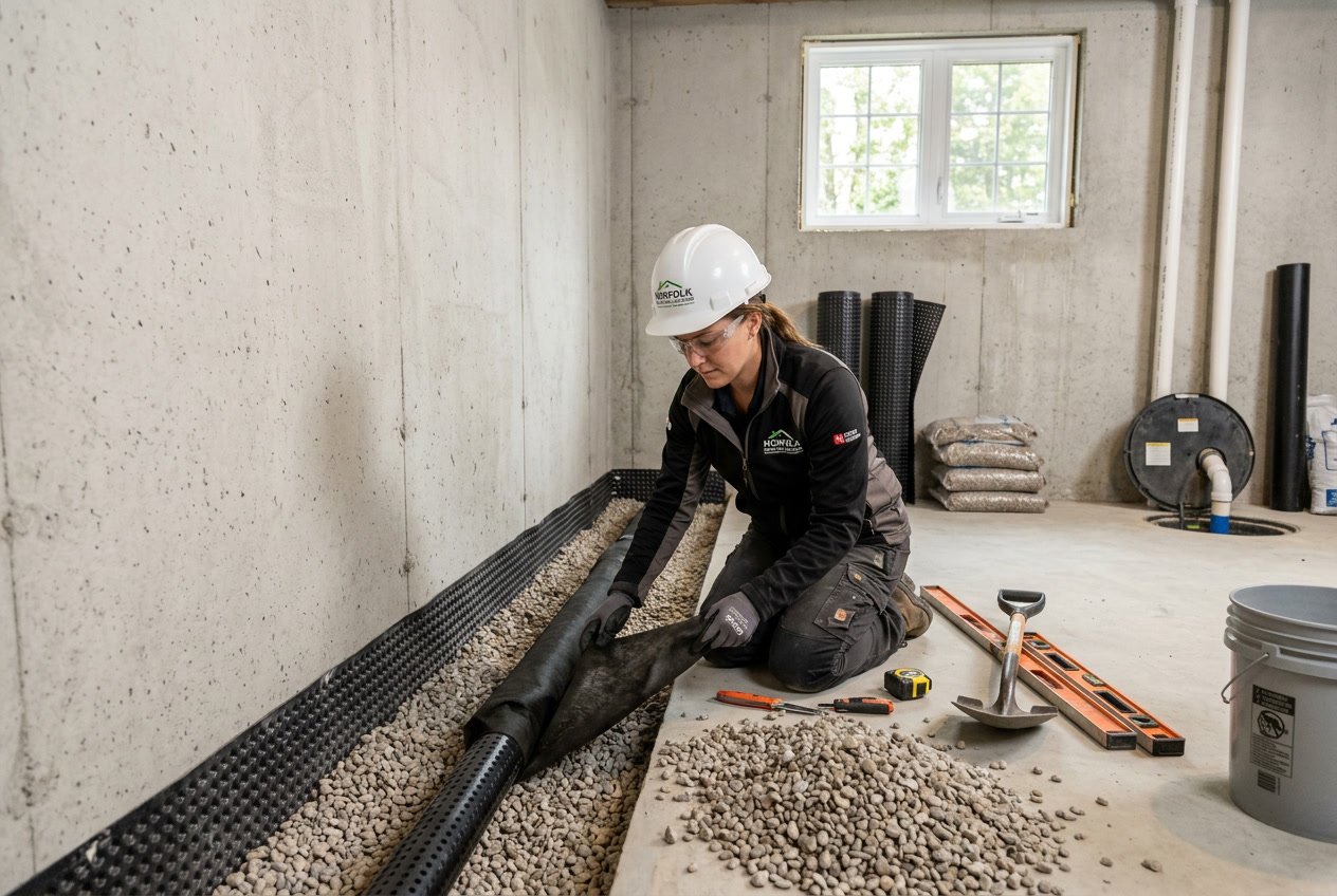 Worker installing interior drainage pipes in a clean basement to prevent water damage.