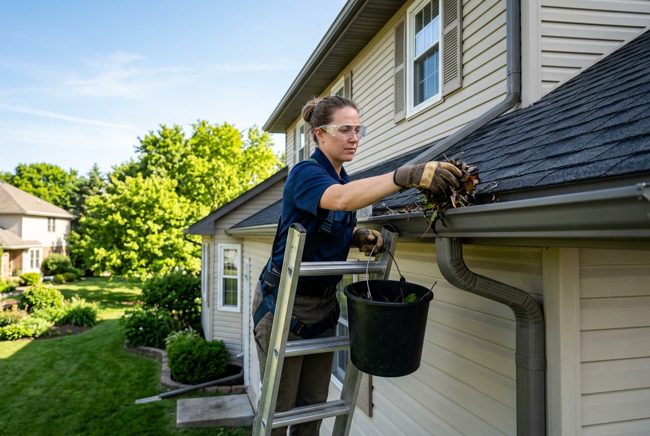 Person cleaning gutters and downspouts on a house using a ladder on a sunny day.