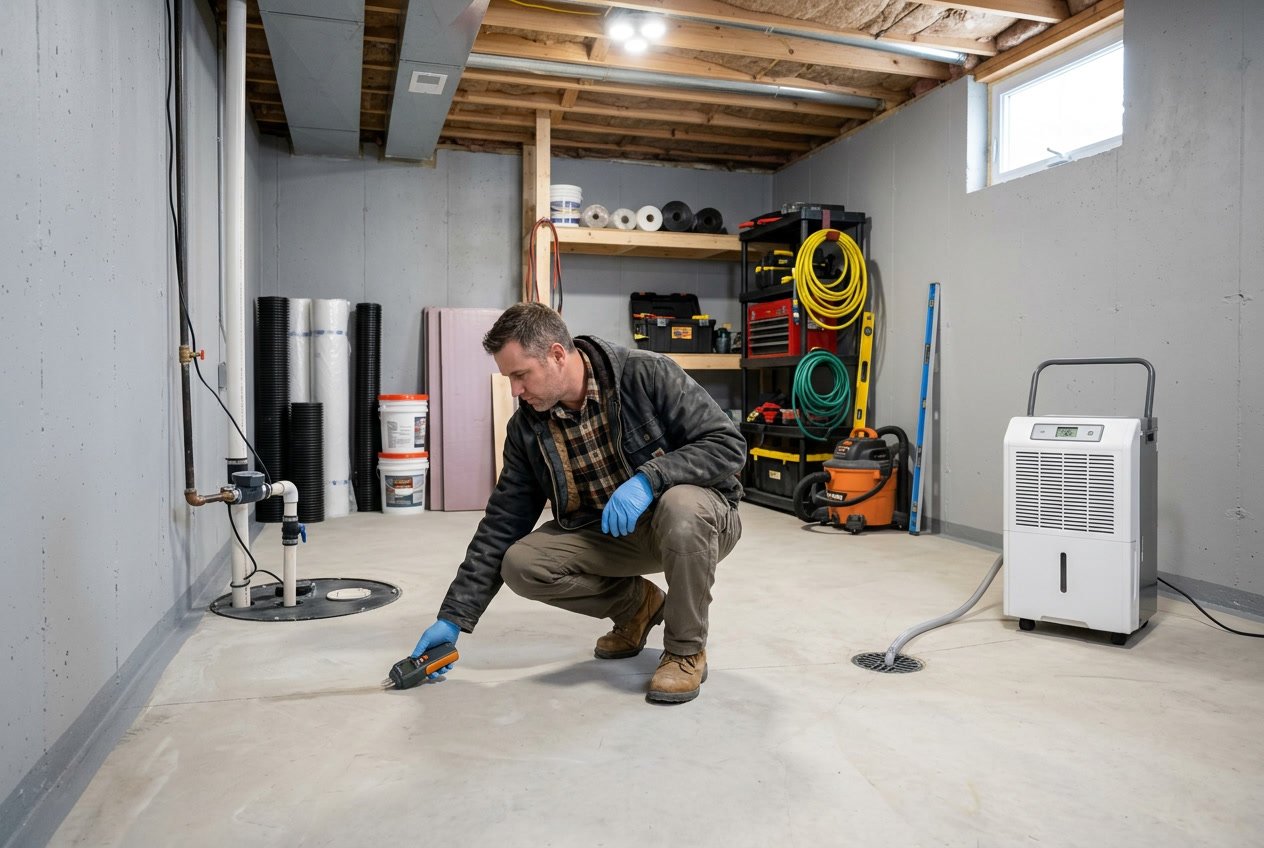 A person inspecting a clean basement with waterproofing equipment like a sump pump and dehumidifier, showing a dry and well-maintained home basement.