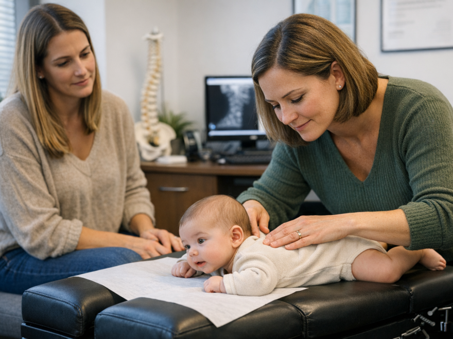 Baby receiving a gentle chiropractic assessment with a parent present